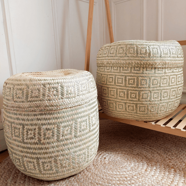 Grand panier de rangement XXL avec couvercle – Fait main au Mexique – motifs vert olive