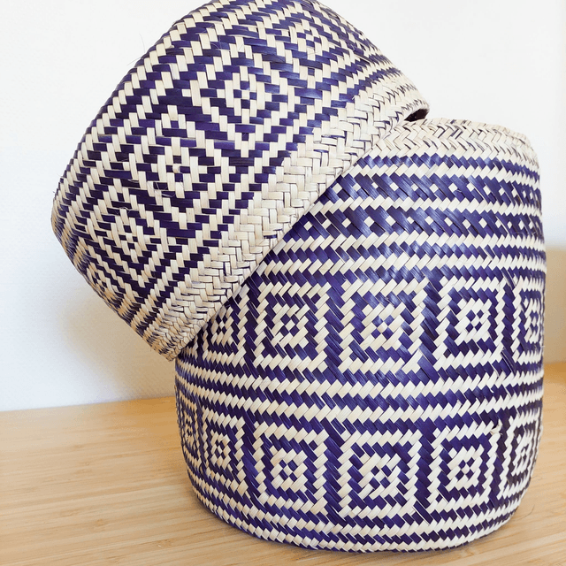 Panier avec couvercle -motifs noirs - fait main