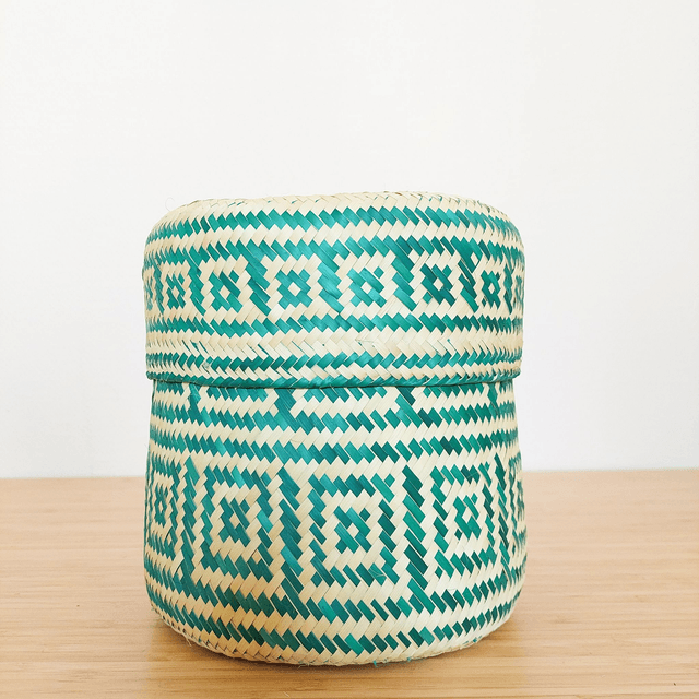 Panier en palme motifs verts - taille S