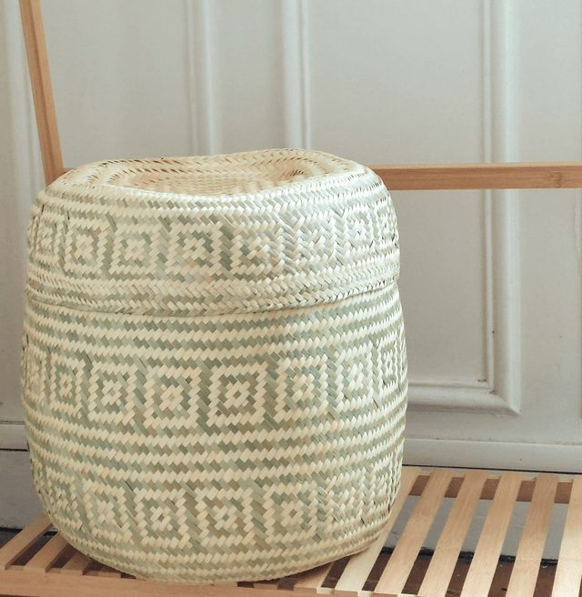 Grand panier de rangement XXL avec couvercle – Fait main au Mexique – motifs vert olive