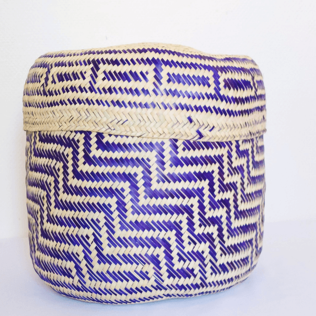 Panier en palme motifs violets - Fait main - taille L