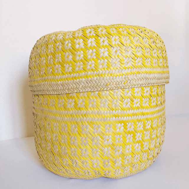 Grand panier en palme naturelle – Couleur jaune – Taille XL (32 x 32 cm)