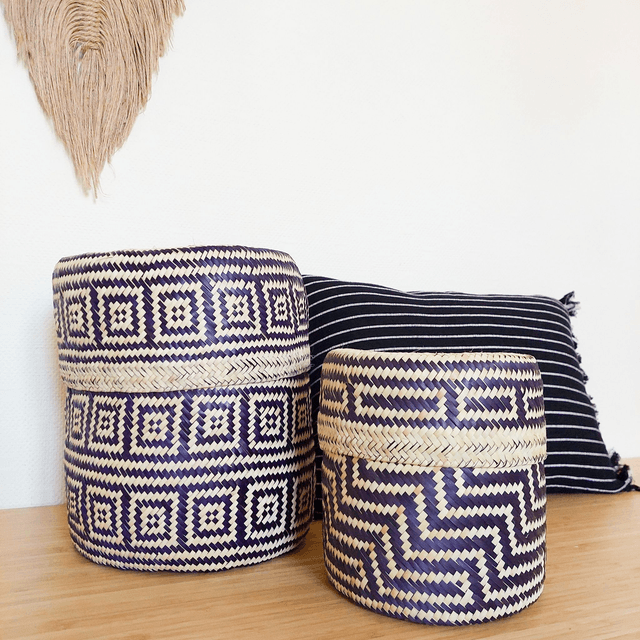 Panier avec couvercle -motifs noirs - fait main