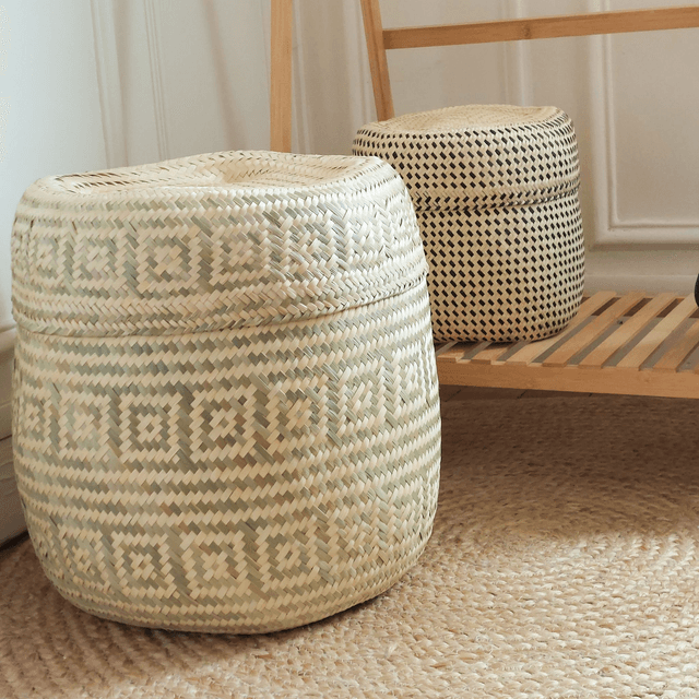 Grand panier de rangement XXL avec couvercle – Fait main au Mexique – motifs vert olive